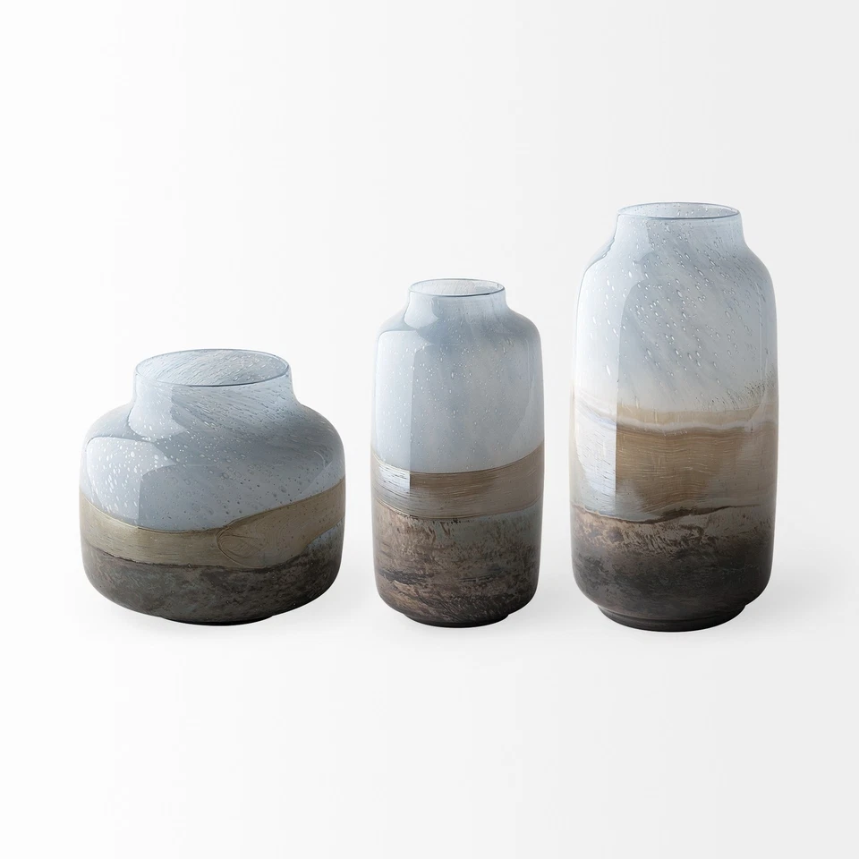 Jarrón de mesa de cristal cilíndrico abstracto azul y gris de 13" Foto 3 de 4