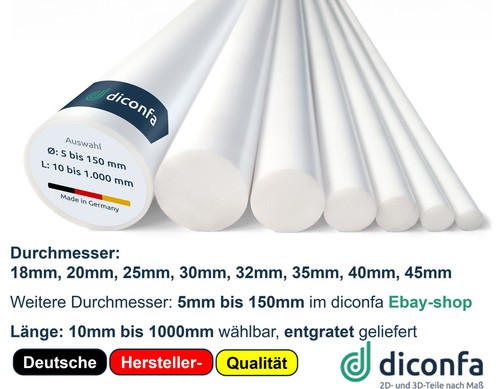 Rundstab aus PTFE weiß 8 mm, Lang 1 Meter Kunststoffrundstab (Teflon Rundstab aus PTFE weiß 8 mm, Lang 1 Meter Kunststoffrundstab (Teflon