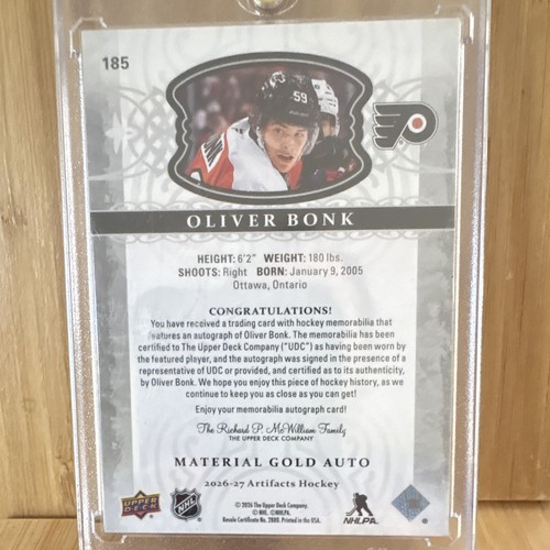 Upper Deck 2026-27 Artifacts Oliver Bonk Rookie Swatch Auto RC #101/199 ...