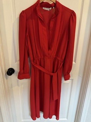MS. CHAUS Hong Kong Vintage Red Pleated A-line Opaque Belted Dress Size 6