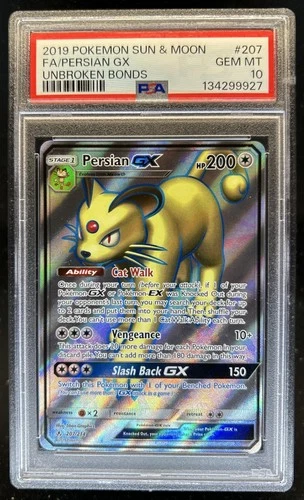 2019 Pokemon SM Unbroken Bonds Persian GX Full Art #207/214 PSA 10 GEM MINT