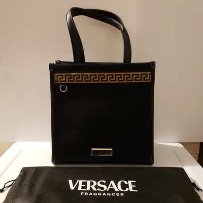 Versace Fragrances Canvas Tote Bag Black Gold Greca Greek Key with Dust Bag