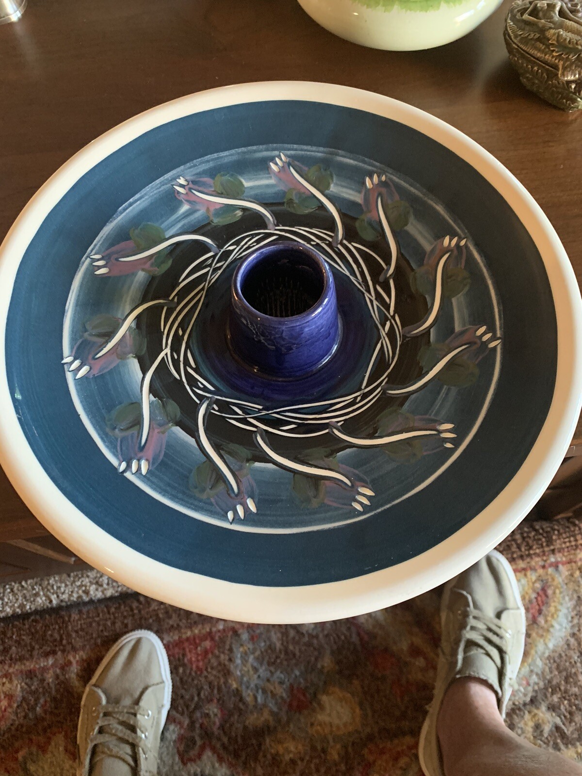 Ikebana Ware Large Round 12" Ceramic Vase Plate Tray Center Frog; Blue