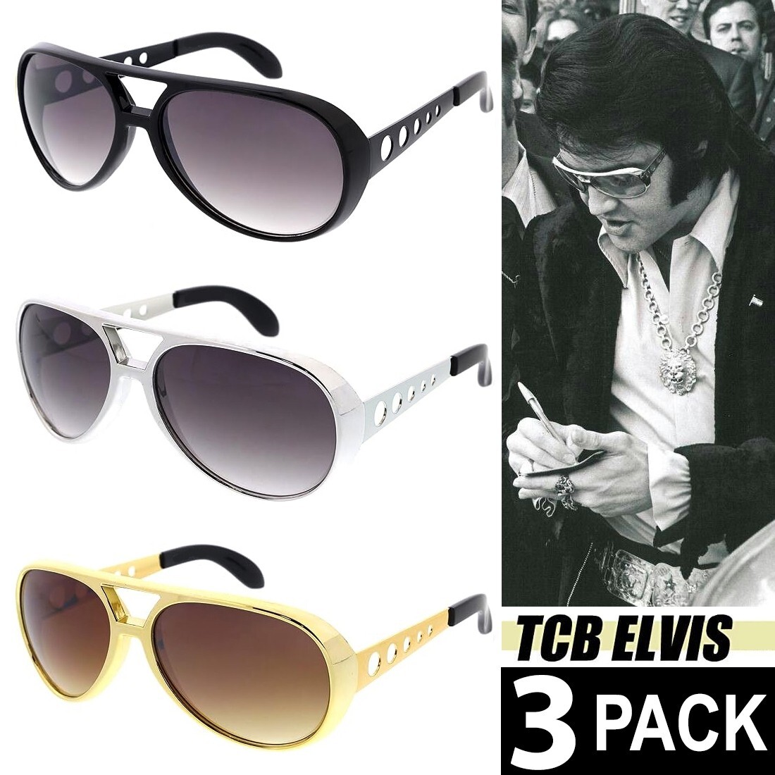 3 Pack ELVIS Rockstar Sunglasses Black Silver Gold Aviator  display picture 1