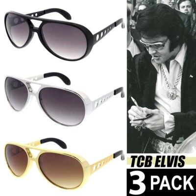 3 Pack ELVIS Rockstar Sunglasses Black Silver Gold Aviator TCB Retro 70s Shades