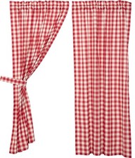 63"L Red Buffalo Check Country Farmhouse Curtains Cotton Lined Tie Backs Annie