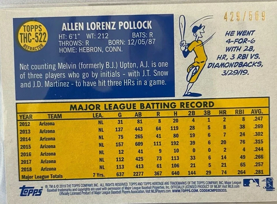 A.J. Pollock - 2019 Heritage High Number Chrome Purple Refractor THC-522 429/569 - Image 2 of 2