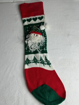 Santa Claus And Trees Christmas Stocking 3D beard Hearts Red Green White Tassel