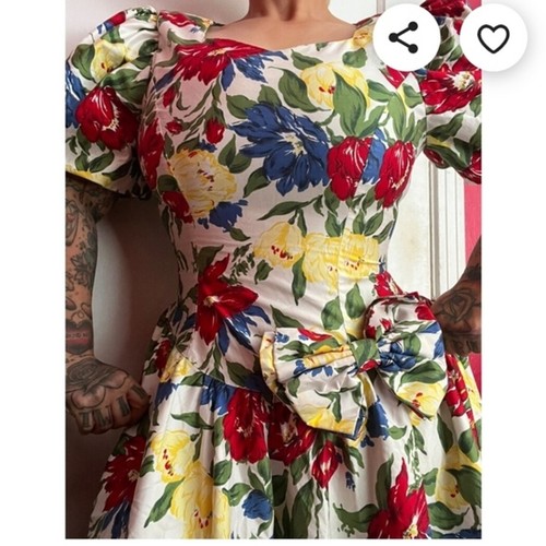prendisole manica a sbuffo vintage anni 80 bianco floreale cotone lucido vita bassa - Foto 3 di 14