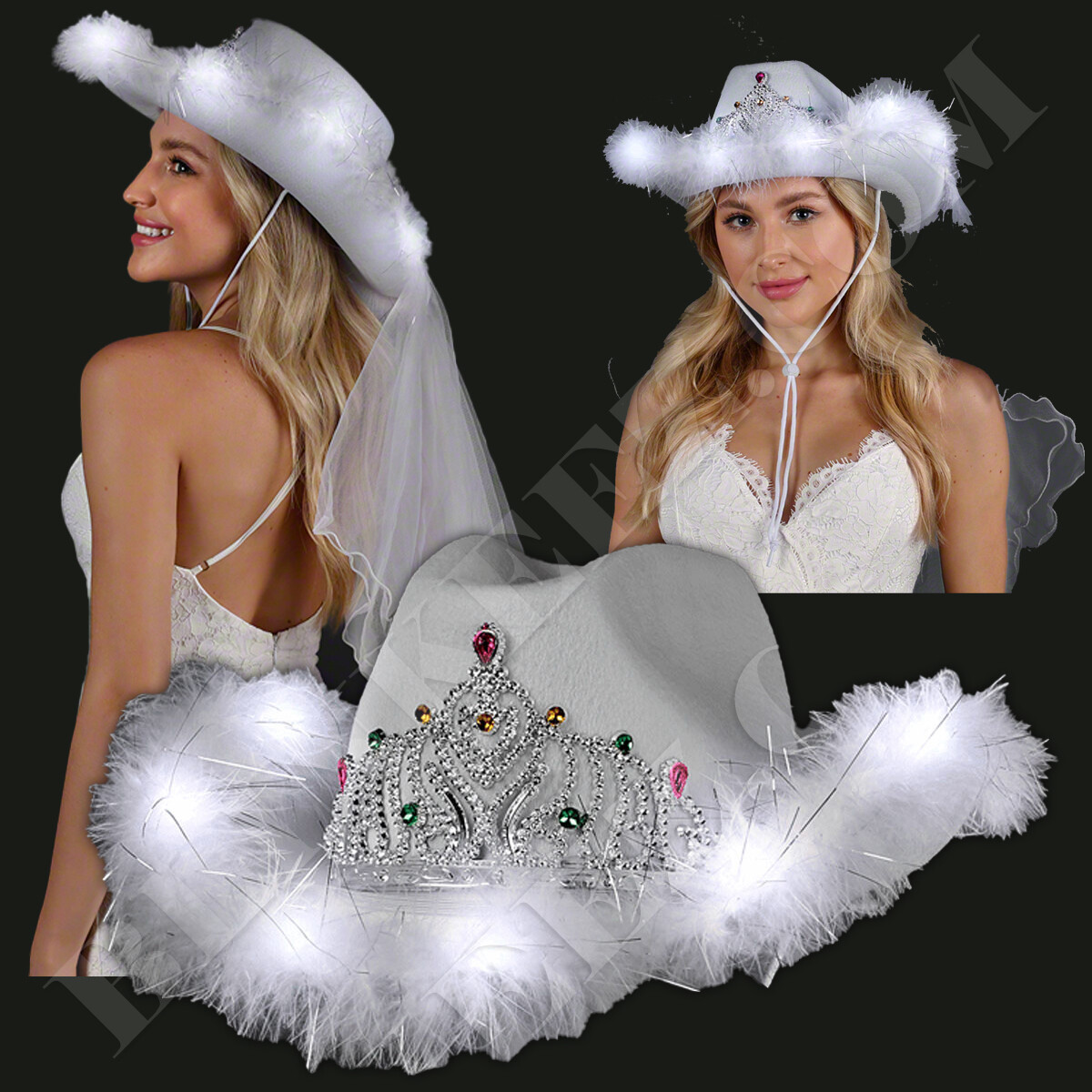 12 Cowgirl Hats for Bachelorette Party, Bride Veil Hat Included White Bridal Cowgirl Hat With Veil – Stag & Hen main image 2