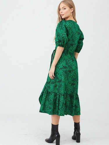 V by Very Cotton Puff Sleeve Floral Wrap Midi Dress - Green Black Size Uk 10 - Picture 2 of 8