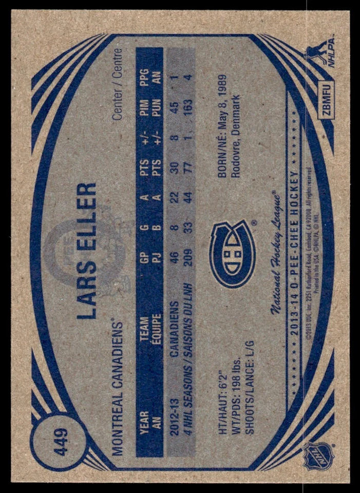 2013-14 O-Pee-Chee Retro Lars Eller Montreal Canadiens #449 R141 - Image 2 of 2
