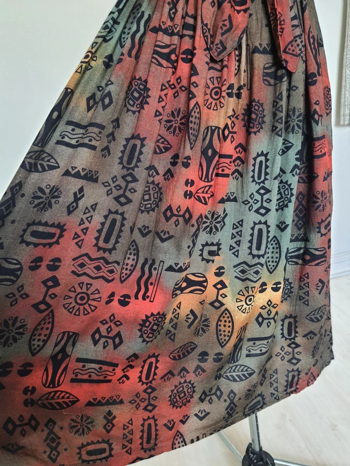 Rare Vintage 70s Mandy Marsh Geometric Aztec Summer Midi Dress Bow Tie 8 10 UK - Image 3 of 4