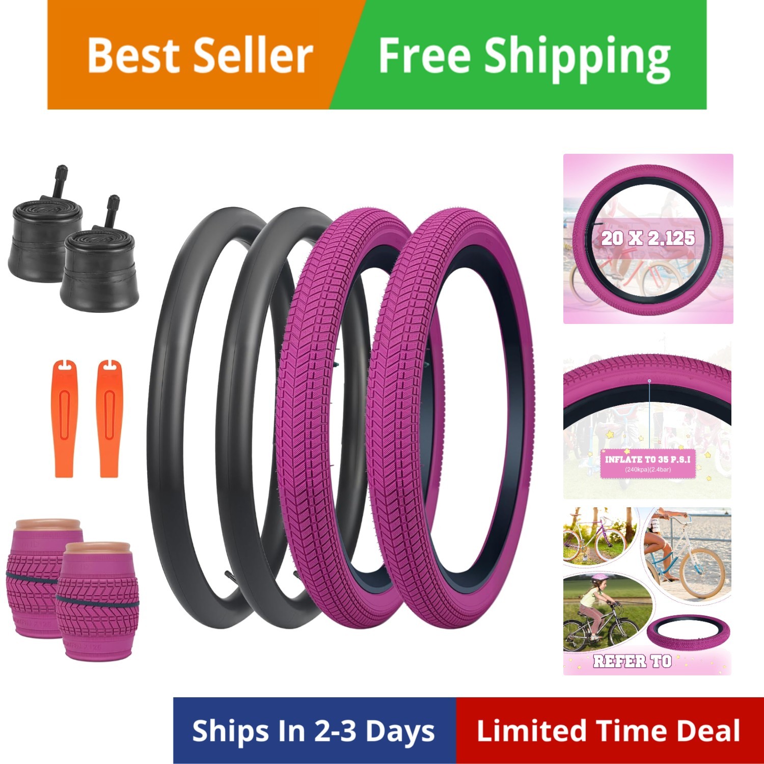 14/16/20/24/26 x 2.125 Bike tire with Tube 2 Pack Bike tire 