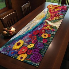 Mountain Landscape Quilted Table Runner, Colorful Floral Nature Dining Table Dec