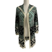 Cardigan Sweater Kimono Small Womens Beige Blue Hooded Open Front Aztec Tribal