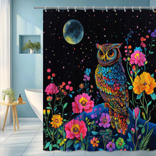 Mystical owl with glowing night sky and vibrant flowers shower curtain