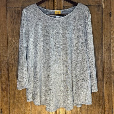 Ruby Rd. Women XL Knit Jersey Top 3/4 Sleeve Medallion Print Silver/Gray