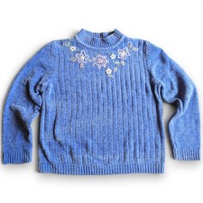 Alfred Dunner Womens Chenille Sweater Blue Embroidered Floral Granny Size PM