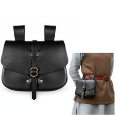 "Medieval Leather Belt Pouch Vintage Waist Bag for LARP, Renaissance Black