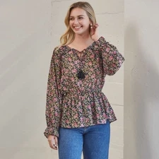 NWT Gigio Blouse Medium Floral Printed Chiffon Peplum Top Tassel Tie