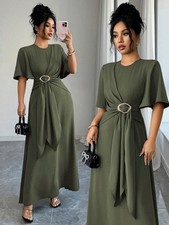 Ladies Elegant Army Green Round Neck Maxi Dress