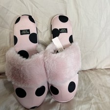 NEW Victoria's Secret VS Polka Dot Medium s/p Closed Toe PINK Faux Fur Slippers