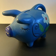 Blue Piggy Bank Hand-Painted Plaster Floral Design 7" Long 5" Tall Animals Theme