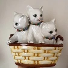 Vintage Italian Kittens In A Basket Ceramic Cat Figurine Piggy Bank