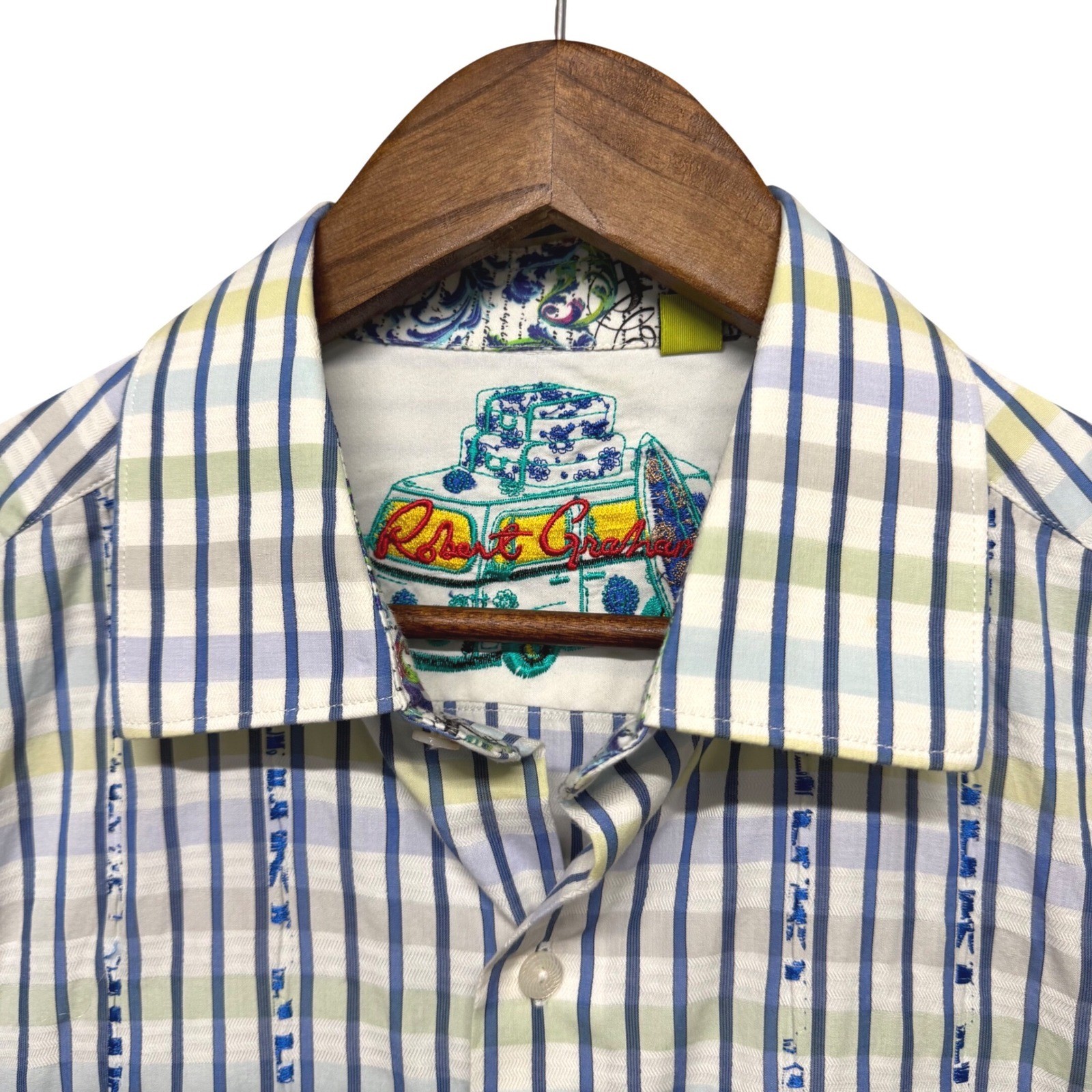 Robert Graham Mens Button Down Dress Shirt Size L Blue Striped Flip Cuff Preppy