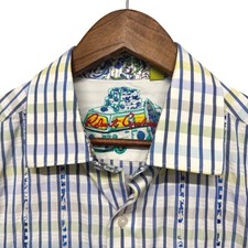 Robert Graham Mens Button Down Dress Shirt Size L Blue Striped Flip Cuff Preppy