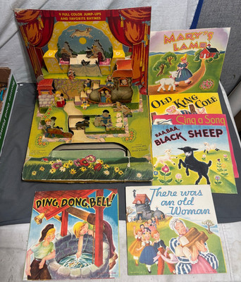 Vintage 1940s McLoughlin MOTHER GOOSE PLAY BOX + 7 POP UP Nursery Rhymes Stories