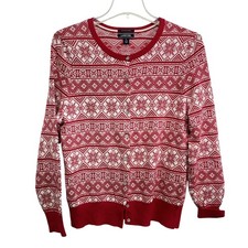 Lands' End Sweater Girls Large 14-16 Red White Fair Isle Supima Cotton Cardigan