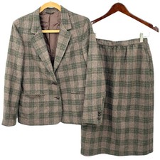 VTG Oscar De Le Renta Wool Skirt Blazer Suit Womens 11/12 Brown Plaid Tweed NOS