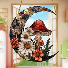 Crescent Moon Mushroom Flower Acrylic Suncatcher Hanging Window Decor Boho Gift