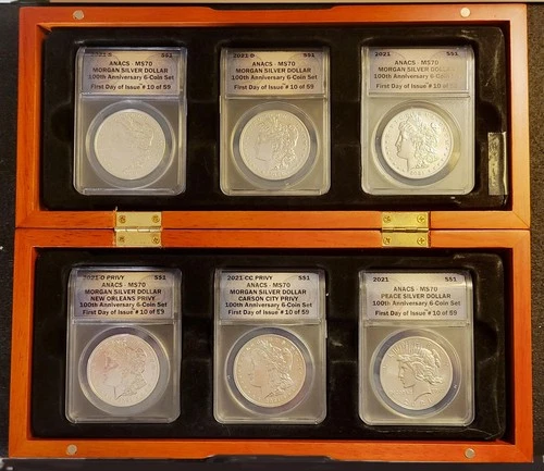 2021 Morgan Peace Dollar 6 Coin ANACS All MS70 100th Anniversary First Day Issue