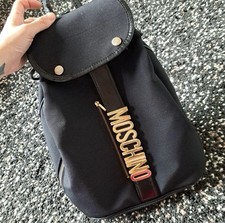MOSCHINO Vintage Black Logo Backpack Gold Hardware Zip Closure Front Zip Pocket
