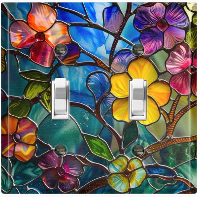 Metal Light Switch Outlet Cover Wall Plate Image of Stained Glass Flowers EGS105