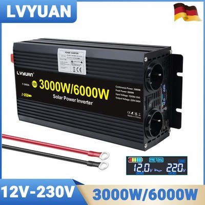 3000W 6000W Spannungswandler 12V auf 230V Wechselrichter 2USB LCD-Anzeige Autos