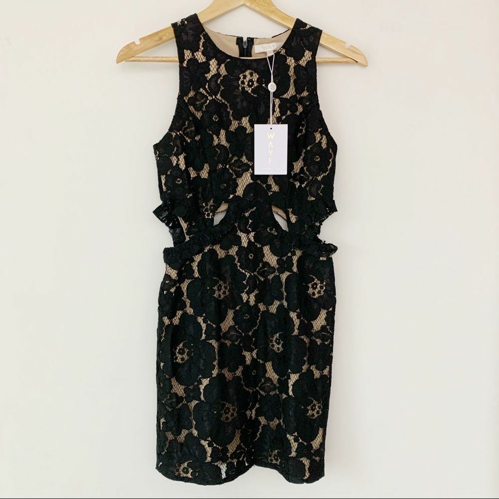 WAYF Black Lace Overlay Side Cut Out Dress size small WAYF Black Lace Overlay Side Cut Out Dress size small