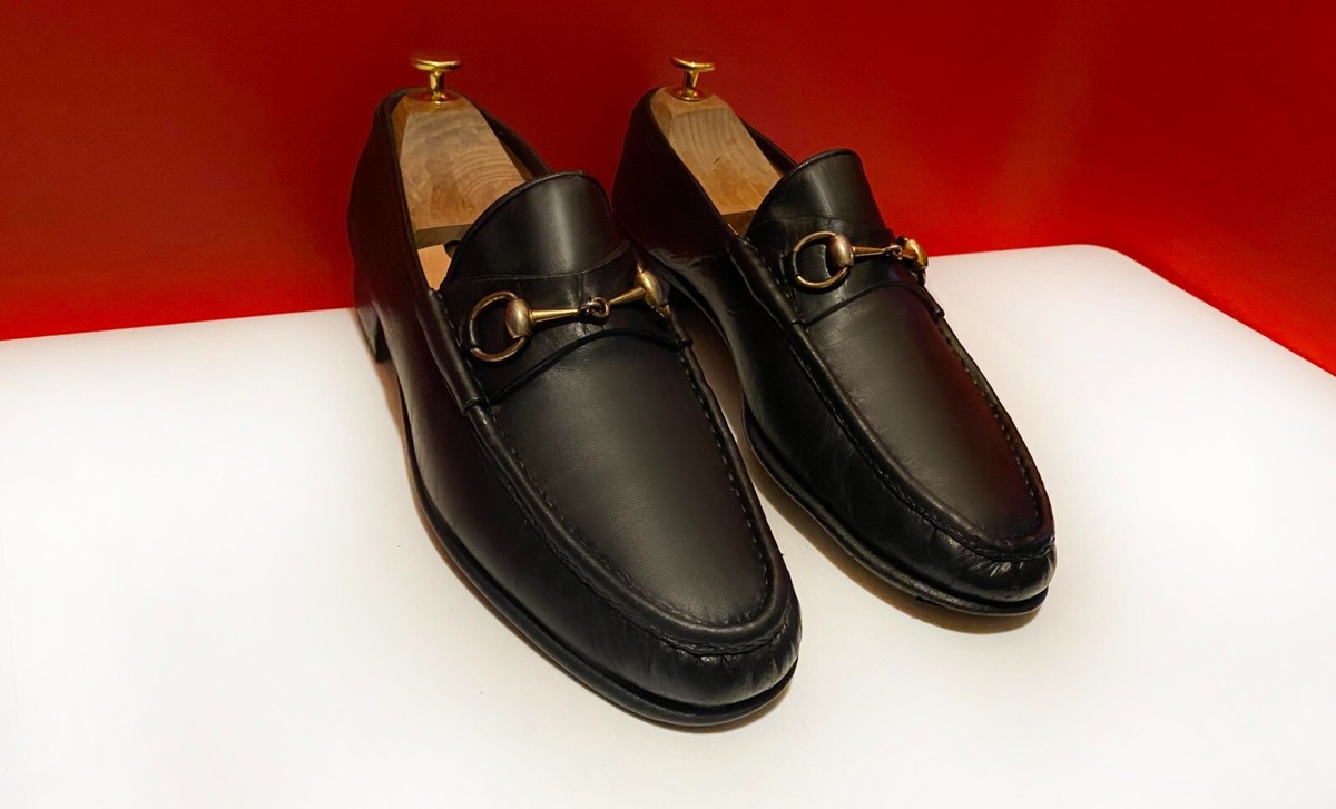 $889.00 !! GUCCI MEN'S BLACK LEATHER HORSE BIT LOAFERS MARKED