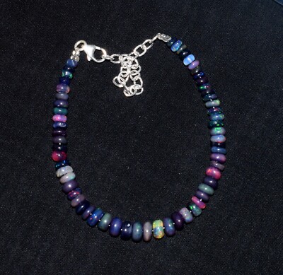 Solid 925 Sterling Silver Natural Ethiopian Opal Gemstone Beads 7''Bracelet F0357