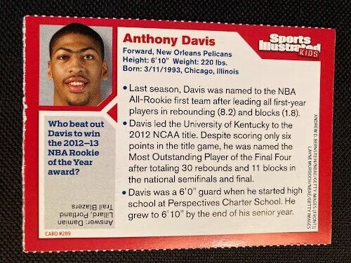 2013 SPORTS ILLUSTRATED FOR KIDS ANTHONY DAVIS RC ROOKIE CARD SIFK SI ...
