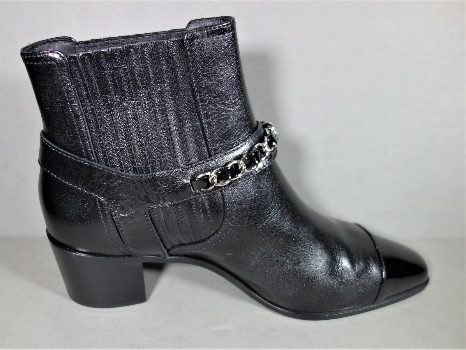 CHANEL 41 Black Leather Bootie Short Ankle Boots Biker Moto Silver Chain NEW image 8