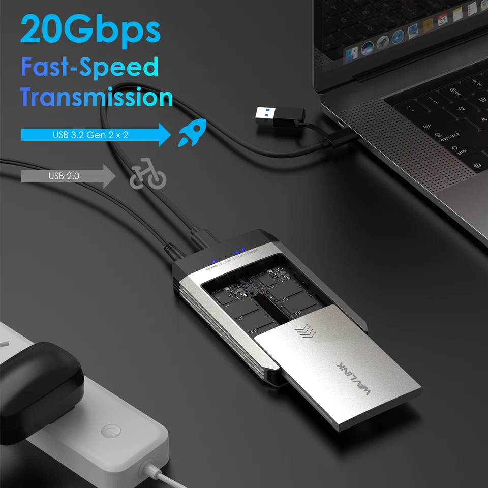Caja de discos duros SSD M.2 de doble bahía 20 Gbps USB-C clonación sin conexión hasta 8 TB Foto 3 de 4
