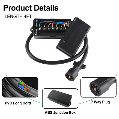 7 Way Plug Inline Pre-Wired Trailer BLACK Cord w/Junction Box 4 Ft ...