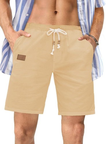 Mens Cotton Linen Casual Shorts Elastic Waist Drawstring Summer Beach Shorts - Picture 38 of 47