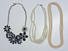 Statement necklace with black flowers and clear stones, pearl bead necklaces