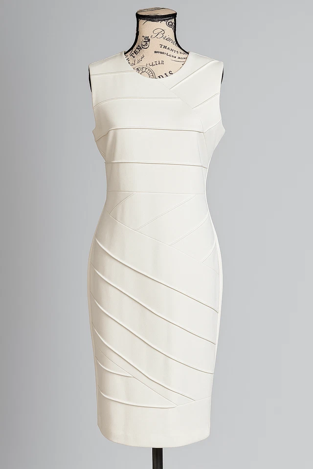Calvin Klein White Knit Sheath Dress Size 10 Sleeveless Zip Back Midi Lined - Image 2 of 4