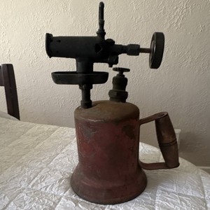 Vintage Metal Blowtorch Soldering Torch w/ Red Fuel Tank & Wooden Handle PHOTOS